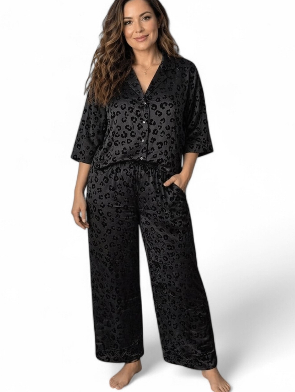 Black Velvet Leopard Print Pajama Leisure Set - Boxy Wide Leg XL